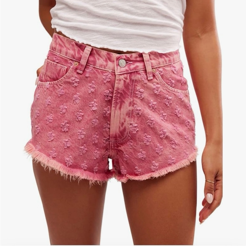 We The Free Rose Pink Embroidered Frayed Denim Shorts